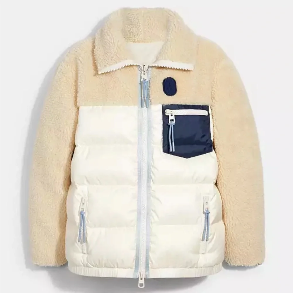 Coach Women's Sherpa Down Jacket in Cream/Blue Medium- EUC - Picture 1 of 9